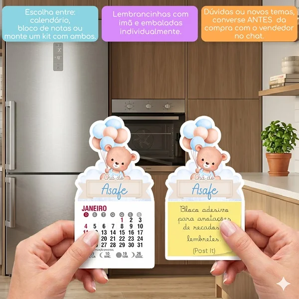 KIT COM 10 MINI CALENDÁRIO OU BLOCO DE RECADO URSINHO AQUARELA COM BALÕES AZUL