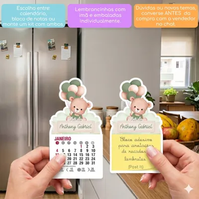 KIT COM 10 MINI CALENDÁRIO OU BLOCO DE RECADO URSINHO AQUARELA COM BALÕES VERDE
