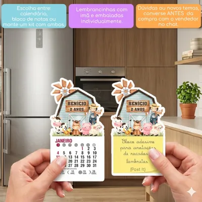 KIT COM 10 MINI CALENDÁRIO OU BLOCO DE RECADO FAZENDINHA AQUARELA CELEIRO AZUL