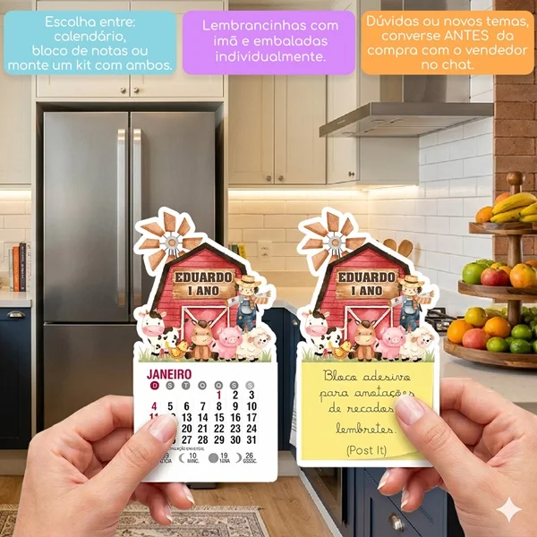 KIT COM 10 MINI CALENDÁRIO OU BLOCO DE RECADO FAZENDINHA AQUARELA CELEIRO VERMELHO