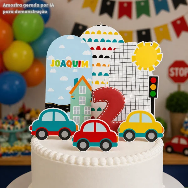 TOPO DE BOLO ESTILO MINI CENÁRIO COM VELA EM BISCUIT TEMA CARRINHO