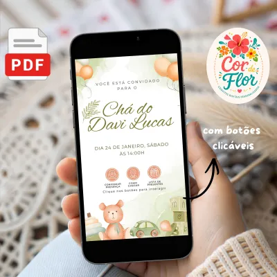 Convite Digital Interativo Chá de Bebê Menino Tema Ursinho Brinquedos Verde Terroso