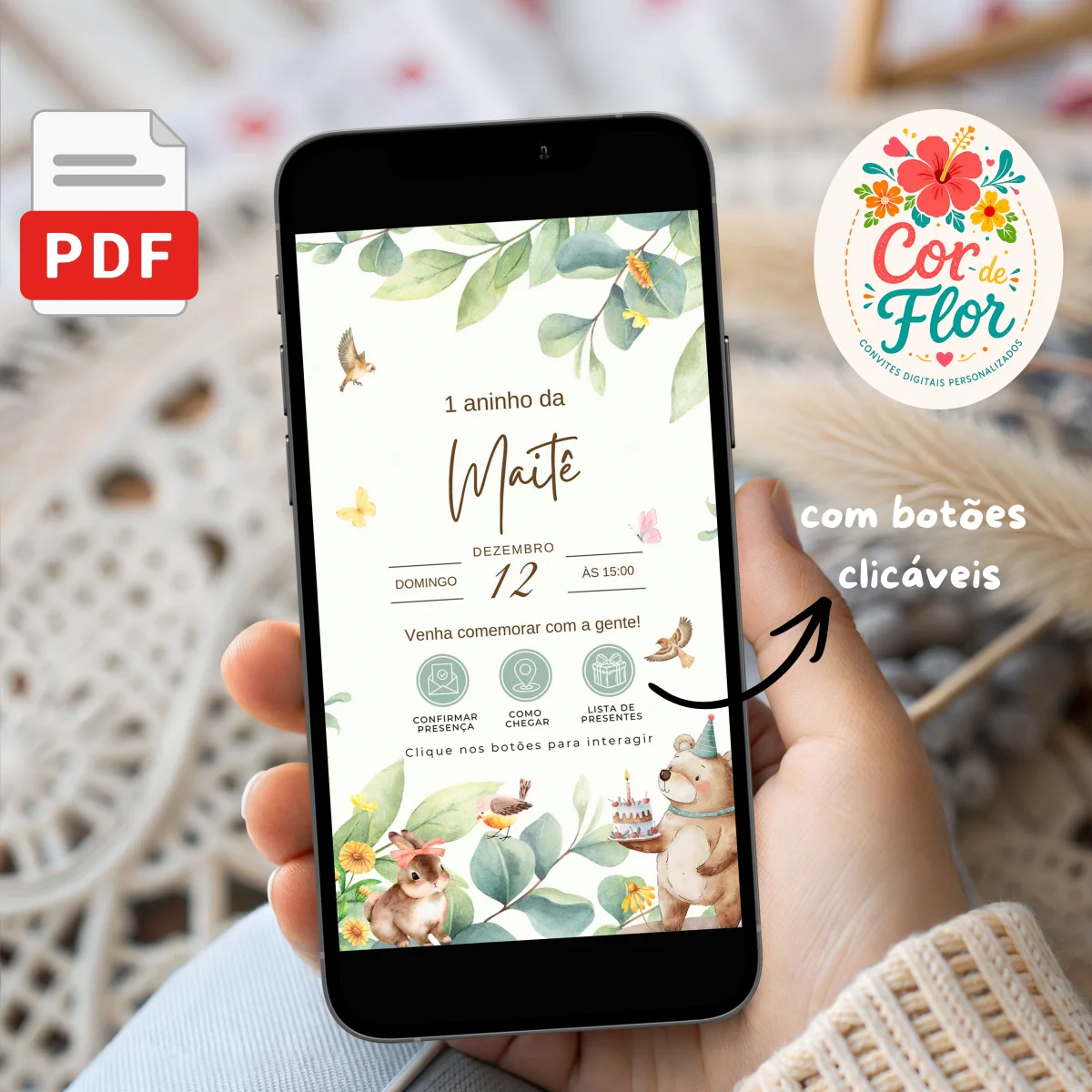 Convite Digital Interativo 1 Aninho Tema Bosque Floresta Encantada Animais Menina