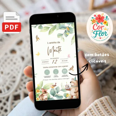 Convite Digital Interativo 1 Aninho Tema Bosque Floresta Encantada Animais Menina