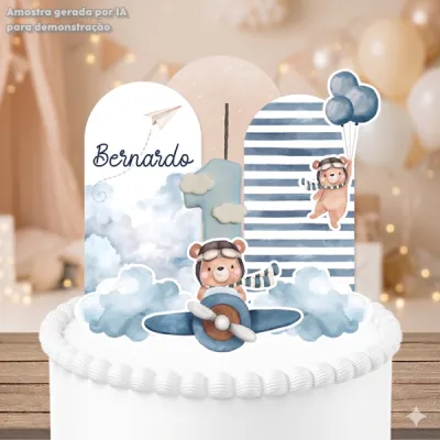 TOPO DE BOLO ESTILO MINI CENÁRIO COM VELA EM BISCUIT TEMA URSINHO AVIADOR AQUARELA AZUL ESCURO
