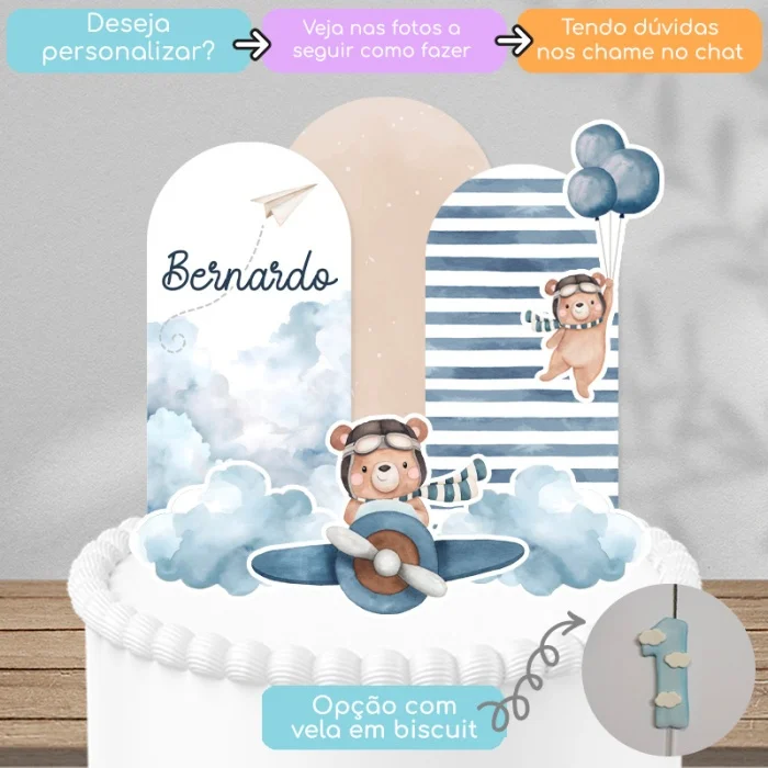 TOPO DE BOLO ESTILO MINI CENÁRIO COM VELA EM BISCUIT TEMA URSINHO AVIADOR AQUARELA AZUL ESCURO - Imagem 3
