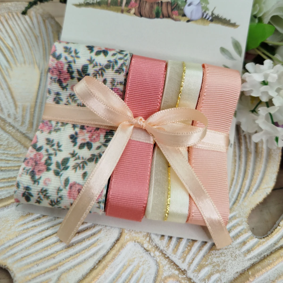 Kit de Fitas Floral Miúdo — Gorgurão Estampado, Salmão, Coral e Voil com Cetim Marfim - Imagem 1