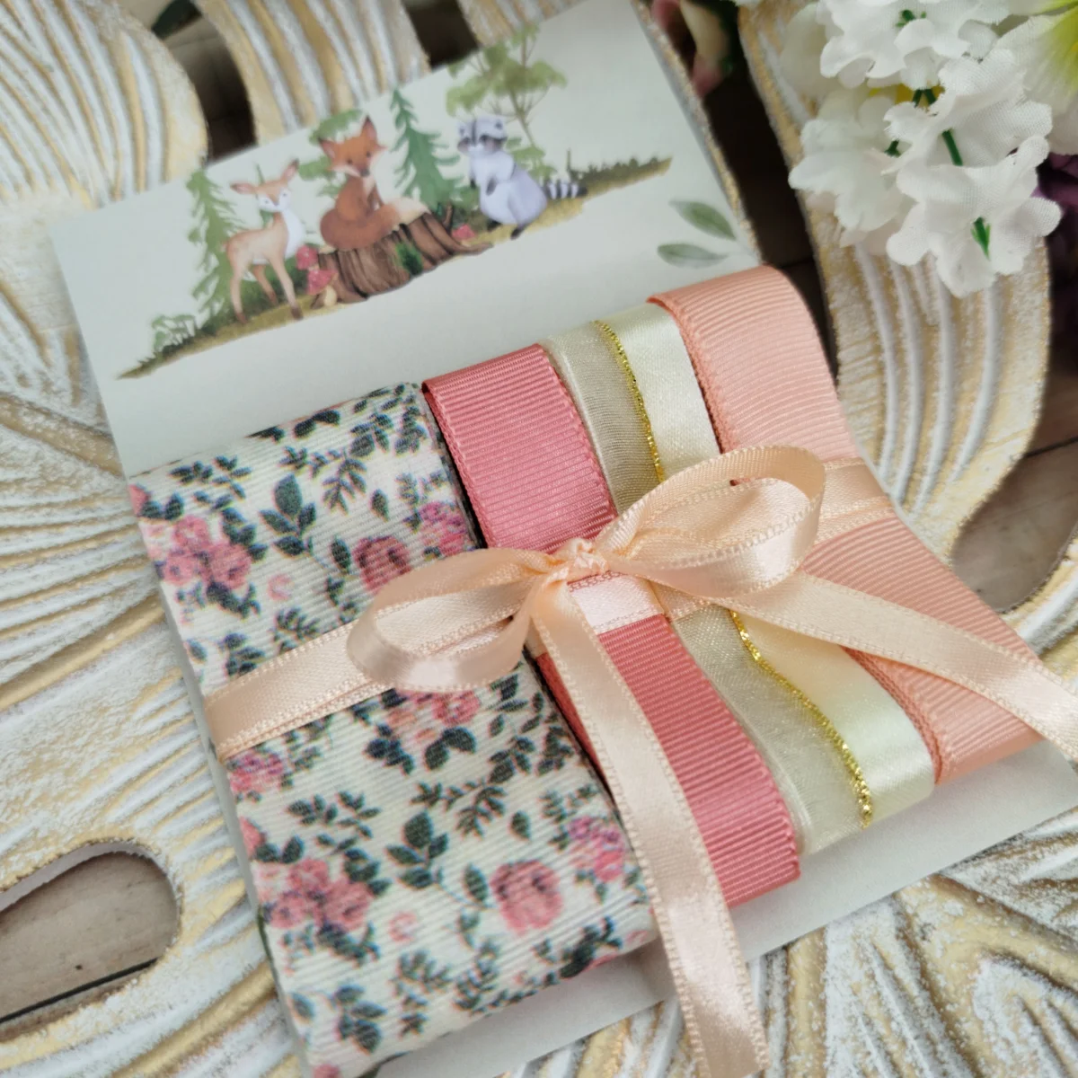 Kit de Fitas Floral Miúdo — Gorgurão Estampado, Salmão, Coral e Voil com Cetim Marfim - Imagem 4