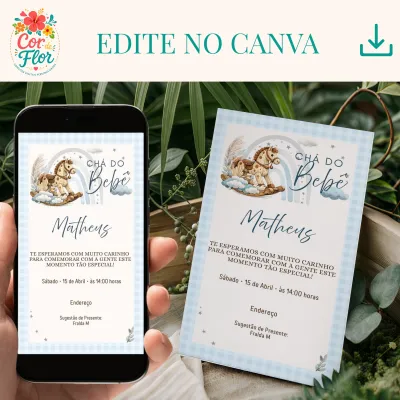 Convite Chá de Bebê Menino Cavalinho Azul Boho Digital Editável Canva