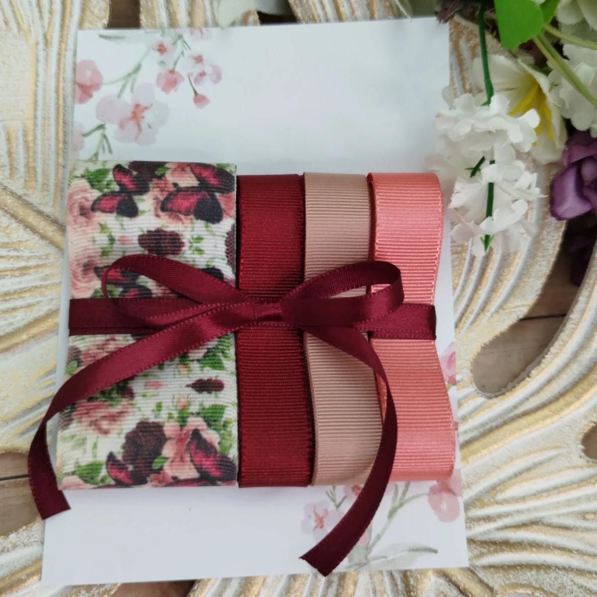 Kit de Fitas Gorgurão Estampa Floral +  Bordô, Rosa Antigo e Pêssego