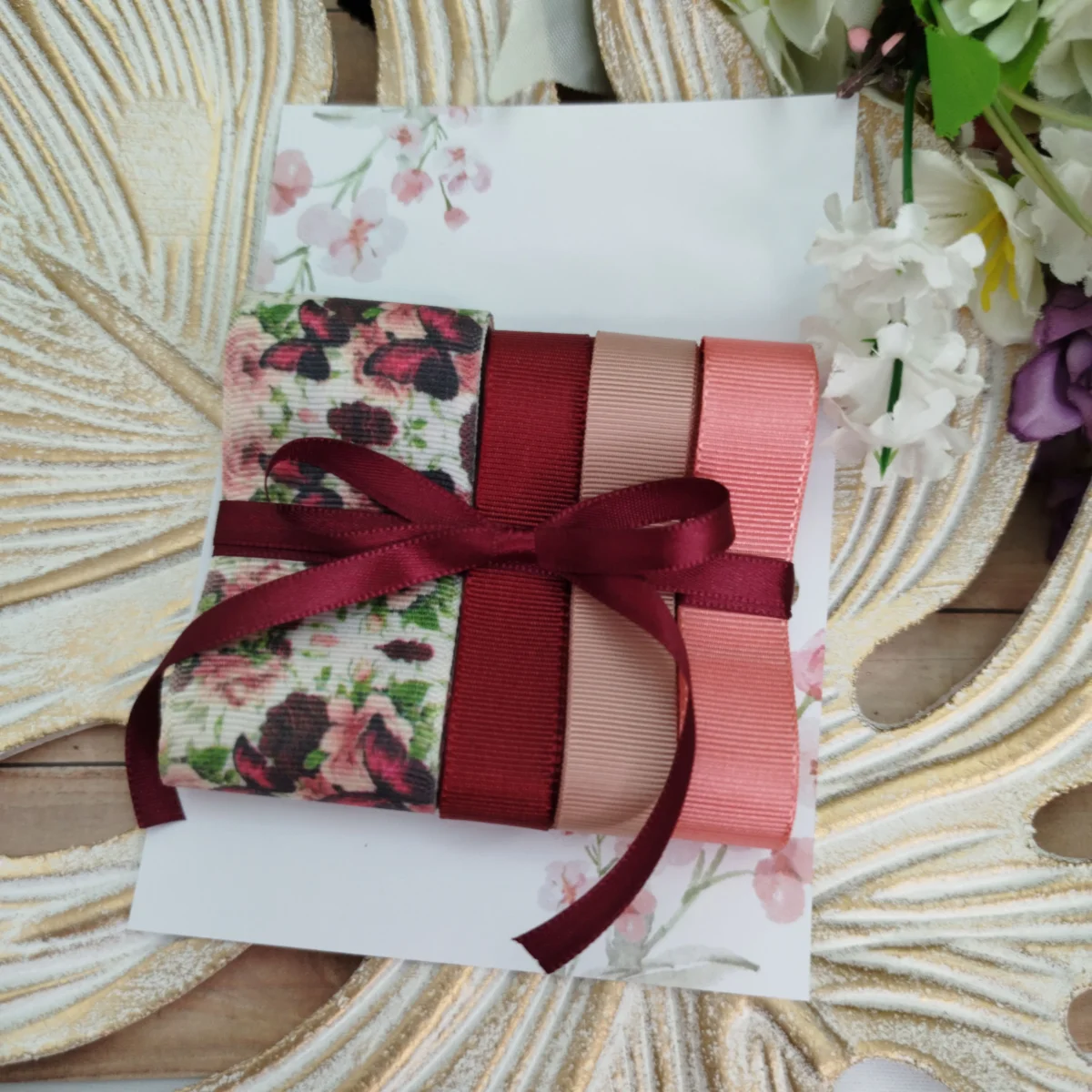 Kit de Fitas Gorgurão Estampa Floral + Bordô, Rosa Antigo e Pêssego - Imagem 2