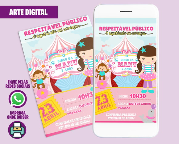 Convite Digital Circo Rosa Menina