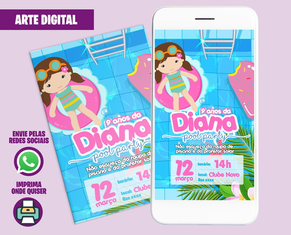 Convite Digital Pool Party Menina