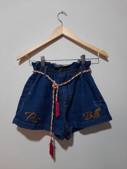 Short Jeans Bordado Bolso Cinto Artesanal Brinde Promoção