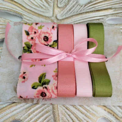 Kit de Fitas Floral Rosa e Verde — Gorgurão Estampado e Lisos Shabby Chic