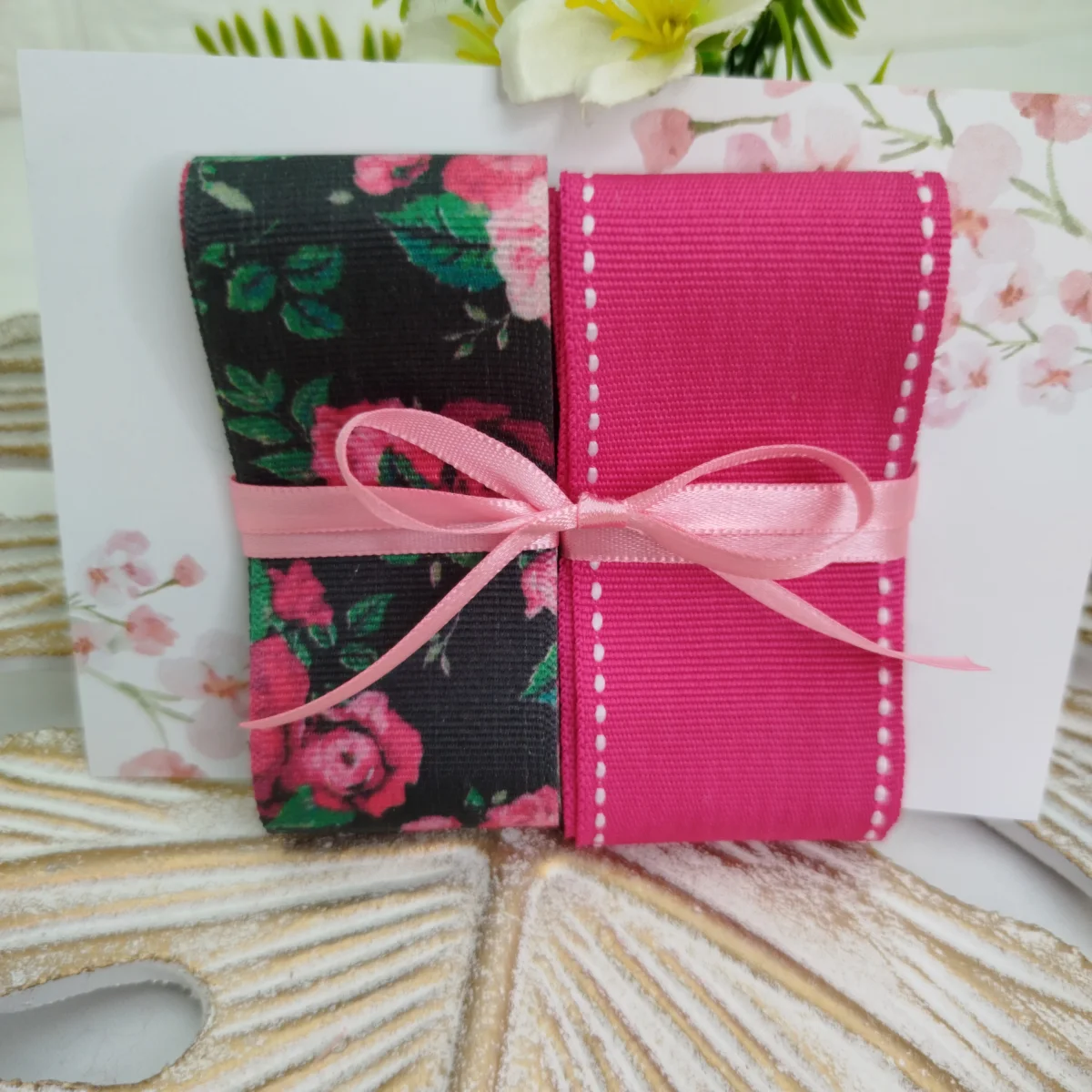 Kit de Fitas Floral Preto e Pink — Gorgurão Estampado e Liso com Pesponto - Imagem 4
