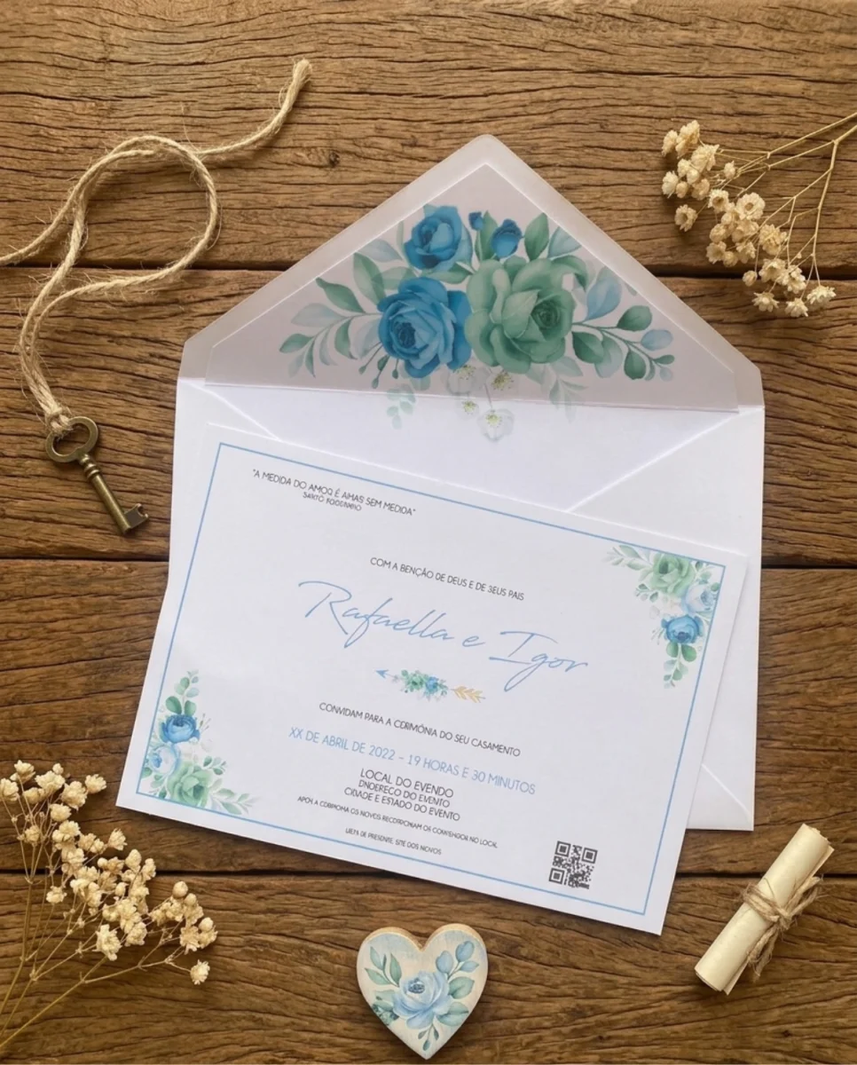 Convite de Casamento Floral Azul e Verde Água com Envelope Forrado