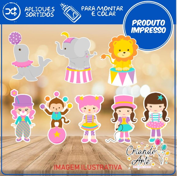 100 / 50 / 30 Apliques / Tag Circo Rosa Menina