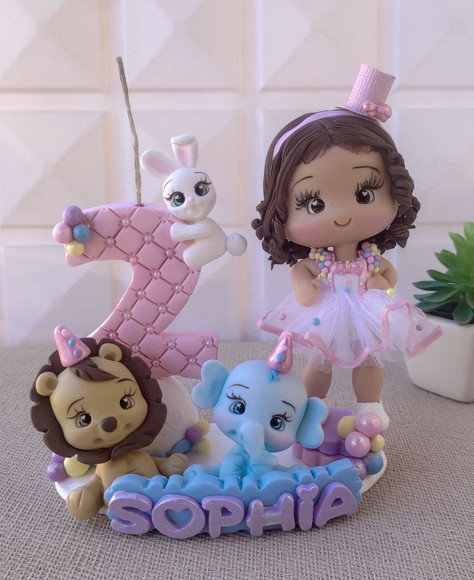 Topo de Bolo Circo Rosa Personalizado em Biscuit