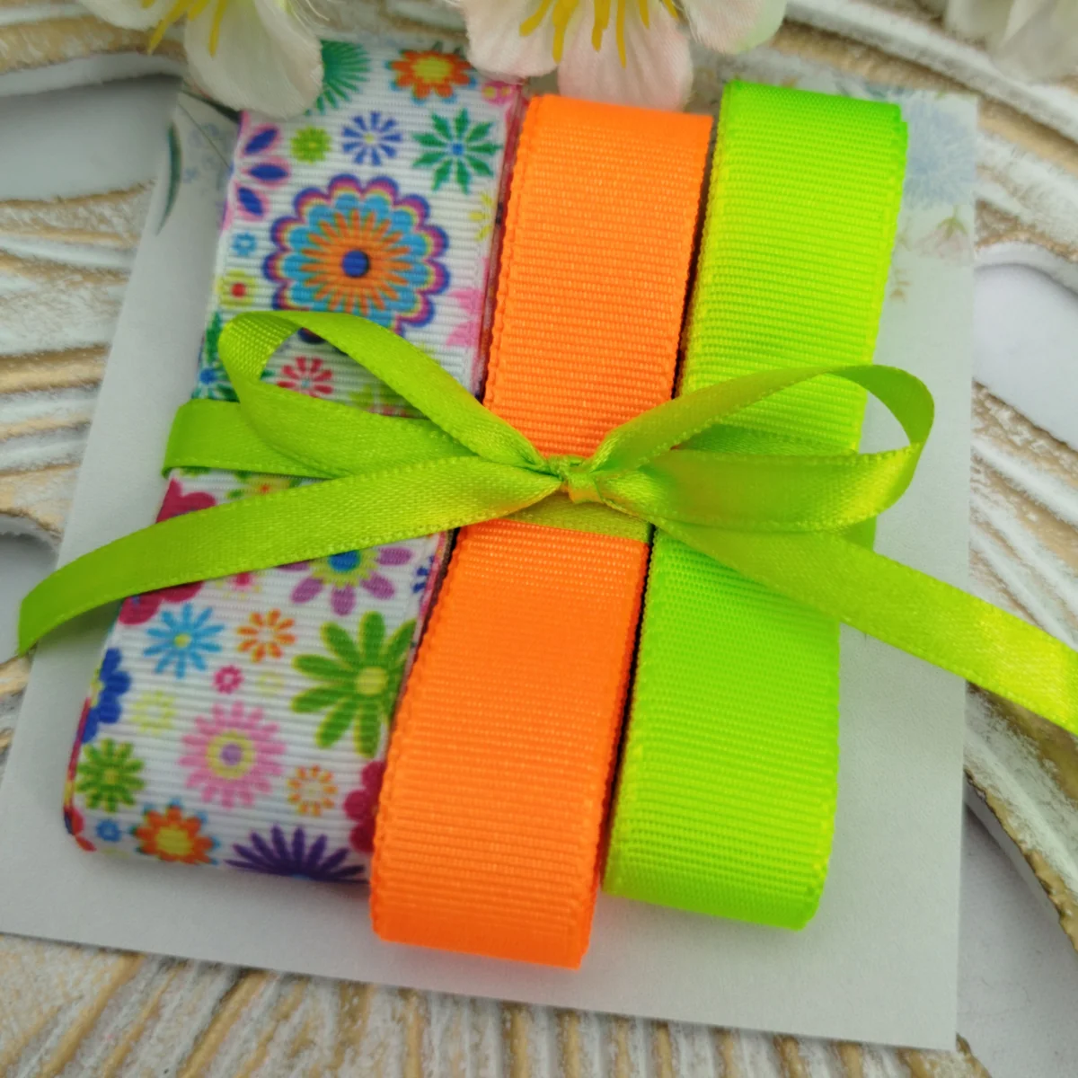 Kit de Fitas Floral Colorido Neon — Gorgurão Estampado, Laranja e Verde Neon - Imagem 3