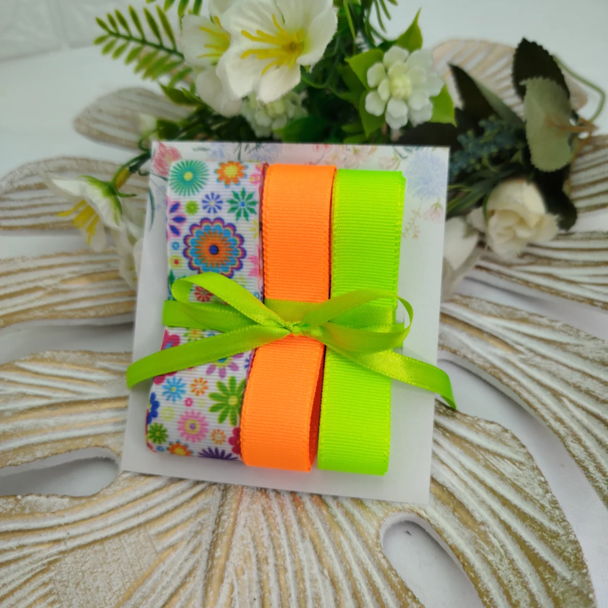 Kit de Fitas Floral Colorido Neon — Gorgurão Estampado, Laranja e Verde Neon - Imagem 5