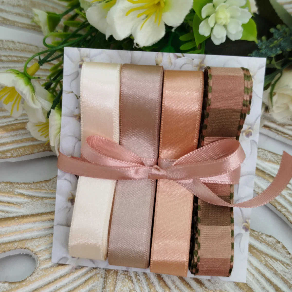 Kit de Fitas de Cetim Tons Coordenados: Marfim, Bege Escuro, Rose Gold e Listrada Chocolate