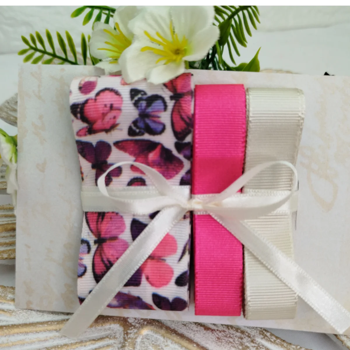 Kit de Fitas Borboletas Coloridas — Gorgurão Estampado, Pink e Nude