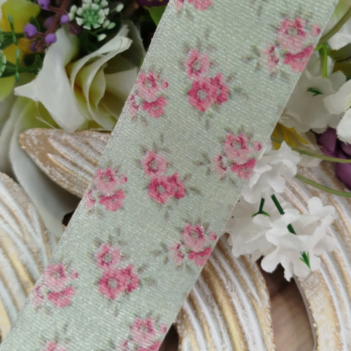 Fita Gorgurão Lurex 38mm No 09 -Estampa Mini Rosas Shabby Chic