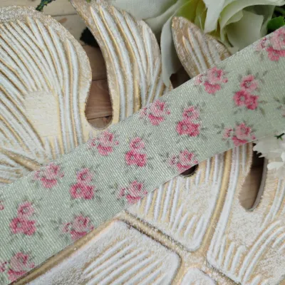 Fita Gorgurão Lurex 38mm No 09 -Estampa Mini Rosas Shabby Chic