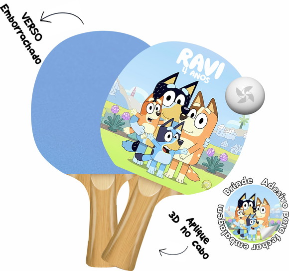 Kit Raquetes Ping Pong Premium Cabo 3d Bluey e Bingo
