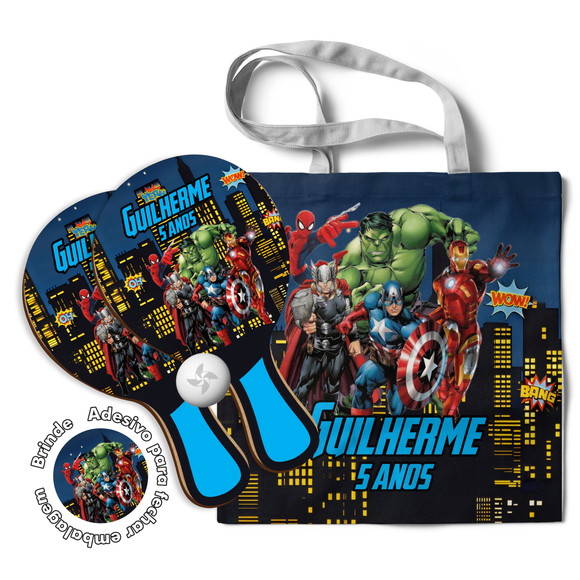 Kit Sacola Tecido e Raquete Ping Pong - Heróis Vingadores