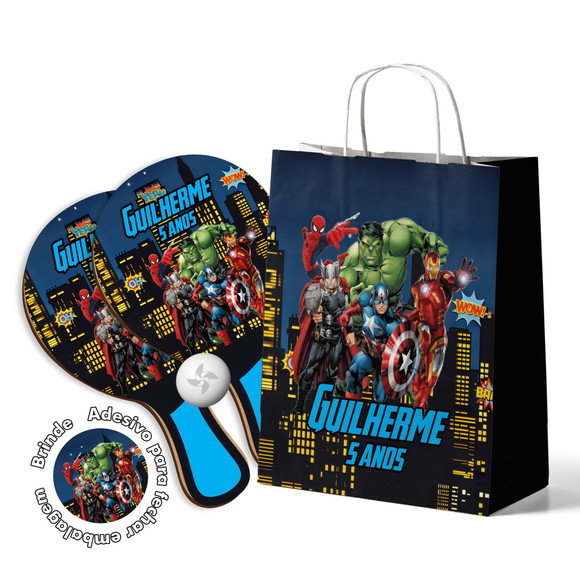Kit Sacola de Papel e Raquete Ping Pong - Heróis Vingadores
