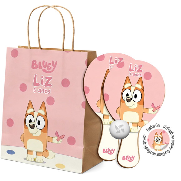 Kit Sacola de Papel e Raquete Ping Pong - Bluey e Bingo
