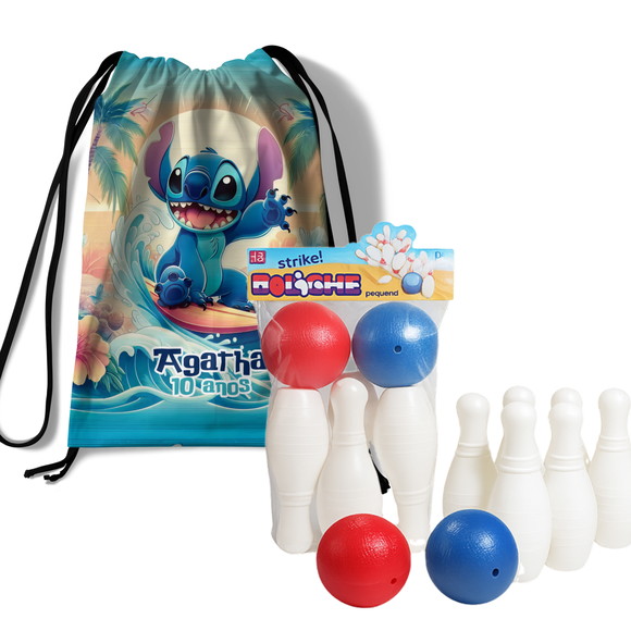 Mini Boliche Infantil com Mochila Saco - Lilo Stitch Surf