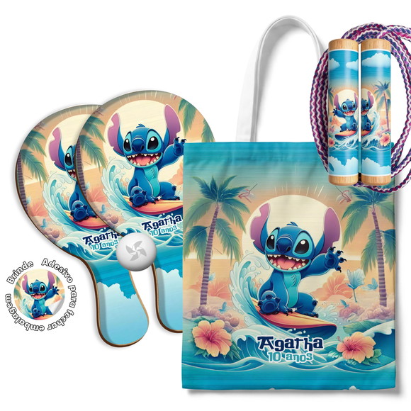 Sacola com Raquetes e Pula Corda - Lilo Stitch Surf Praia