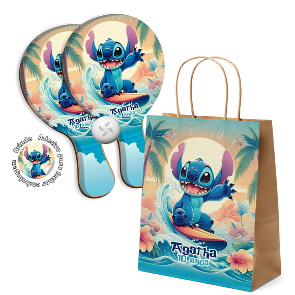 Kit Sacola de Papel e Raquete Ping Pong - Stitch Praia Surfe