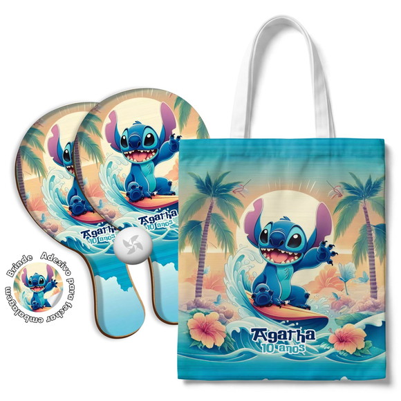 Kit Sacola Tecido e Raquete Ping Pong - Stitch Surfista