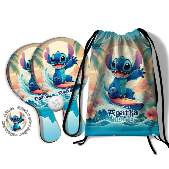 Kit Mochilinha e Raquetes Ping Pong - Stitch Surfista Praia