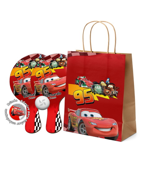 Sacola de Papel e Raquete Ping Pong Relâmpago Mcqueen Carros