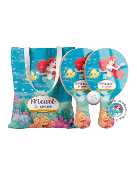 Kit Sacola Tecido e Raquete Ping Pong - Pequena Sereia