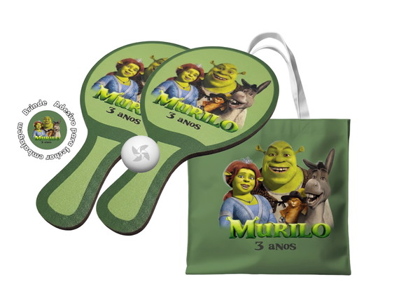Kit Sacola Tecido e Raquete Ping Pong - Shrek