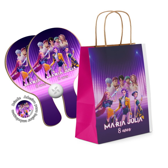 Kit Sacola de Papel e Raquete Ping Pong - Guerreiras K-pop