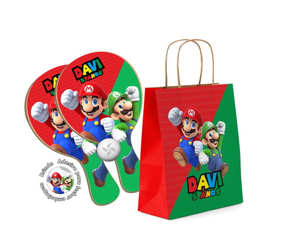 Kit Sacola de Papel e Raquete Ping Pong - Super Mario Bross