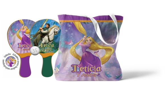 Kit Sacola Tecido e Raquete Ping Pong - Rapunzel Enrolados