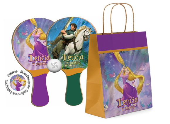 Kit Sacola de Papel e Raquete Ping Pong - Rapunzel Enrolados
