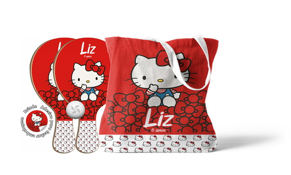 Kit Sacola Tecido e Raquete Ping Pong - Hello Kitty