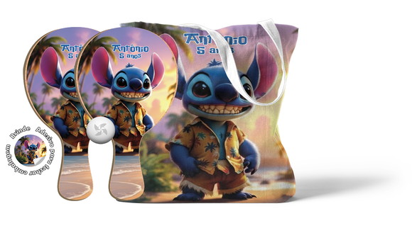 Kit Sacola Tecido e Raquete Ping Pong - Stitch Hawaii