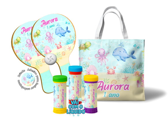 Kit Sacola Tecido, Raquete e Bolha de Sabão - Fundo do Mar