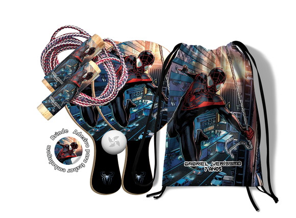 Kit Mochilinha Raquetes e Pula Corda - Miles Morales