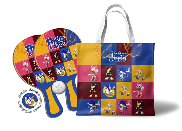 Kit Sacola Tecido e Raquete Ping Pong - Sonic
